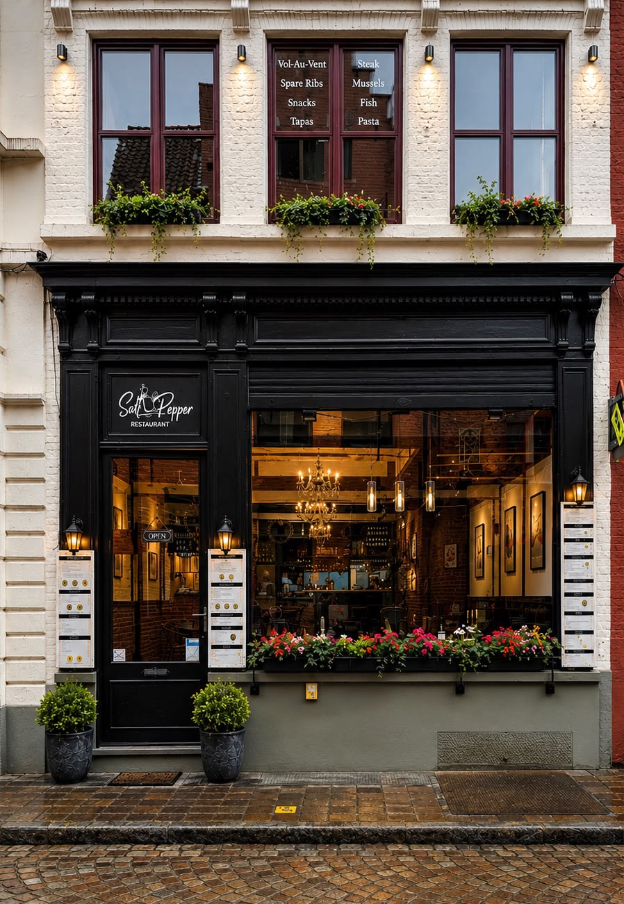 Gevel en ingang van Salt & Pepper in Brugge